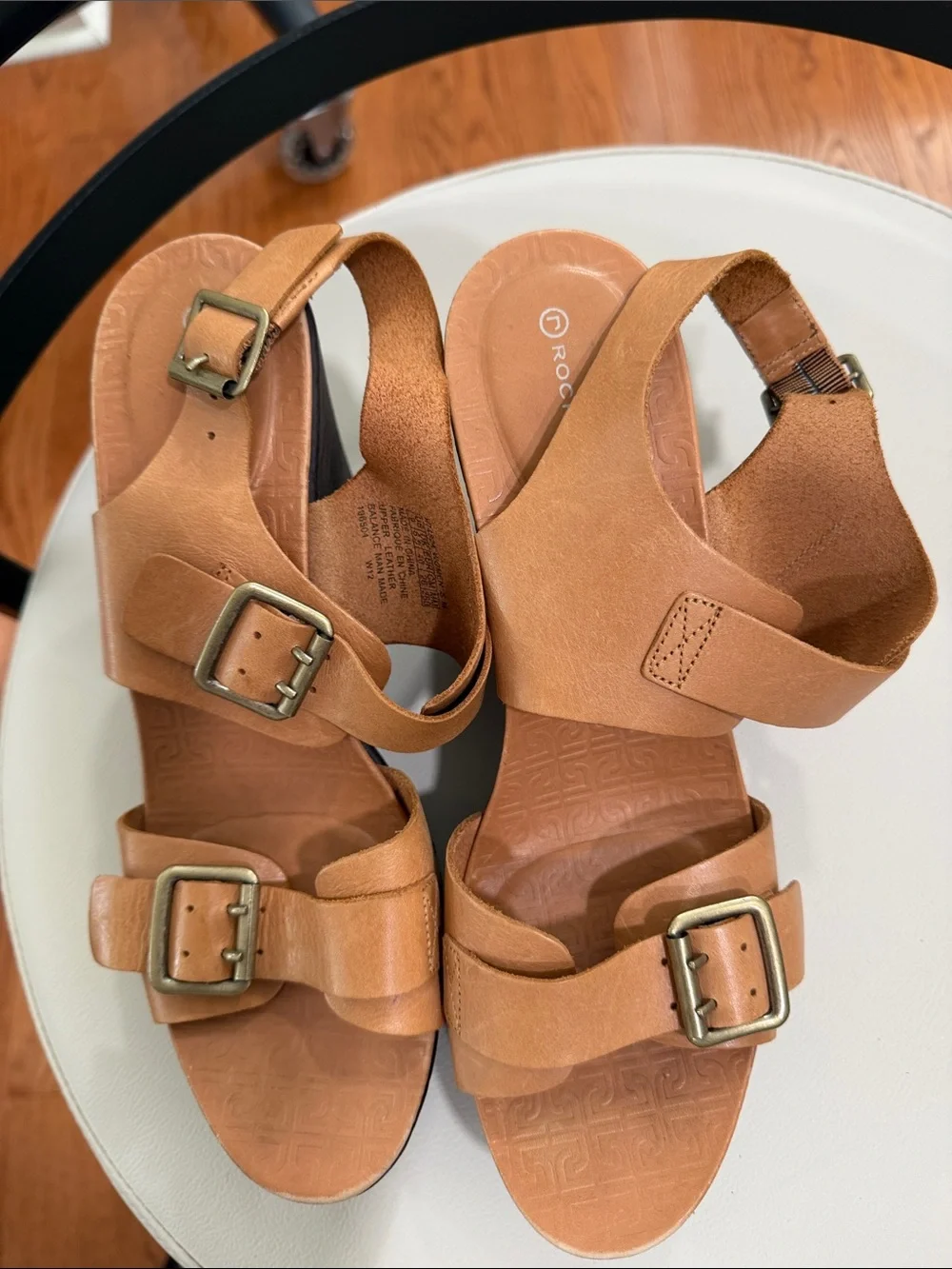 Rockport Tan Leather Wedge Sandals with Black Platform Shoes